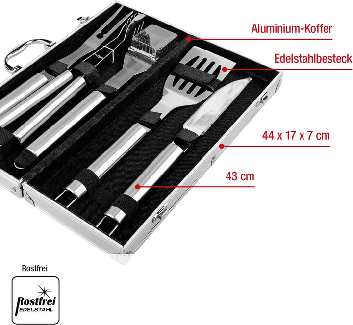 EUROHOME Grillbesteckkasten 5-teilig - Hochwertiges Grillbesteck im Aluminiumkoffer - Koffer 44 x 17