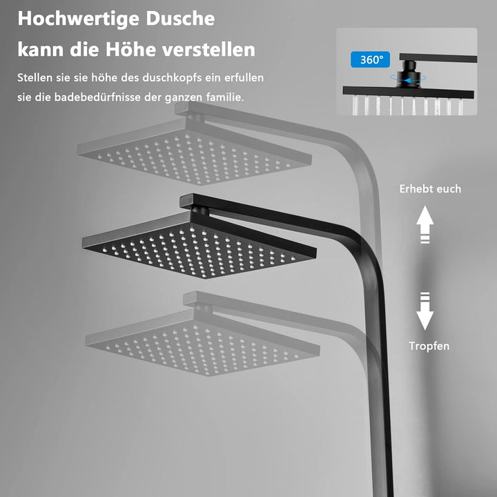 KOMIRO Duschsystem mit Thermostat, Regendusche mit armatur, Duscharmatur Schwarz, Duschgarnitur Kopf