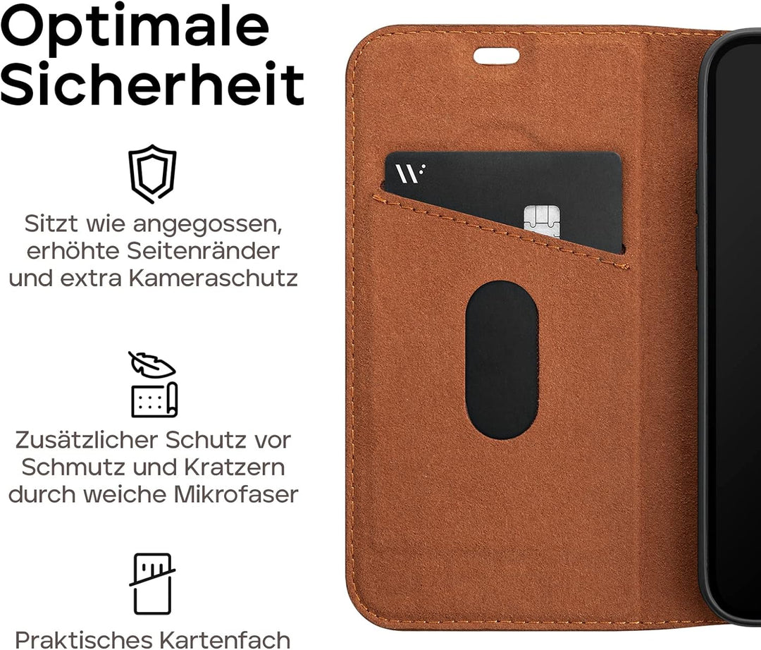 WIIUKA Hülle für iPhone 14 Pro, Leder aus Deutschland, mit Kartenfach, extra Dünn, Handyhülle mit St