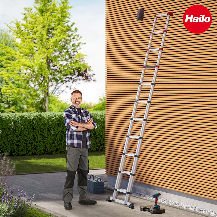 Hailo T100 FlexLine Sicherheits-Teleskopleiter - ausziehbare Leiter aus Aluminium mit bis zu 11 Stuf