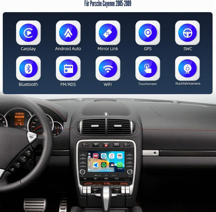 CAMECHO 2+64G 7 Zoll Android 13 Navi Autoradio für Porsche Cayenne 2005–2009, HD Bluetooth Radio mit