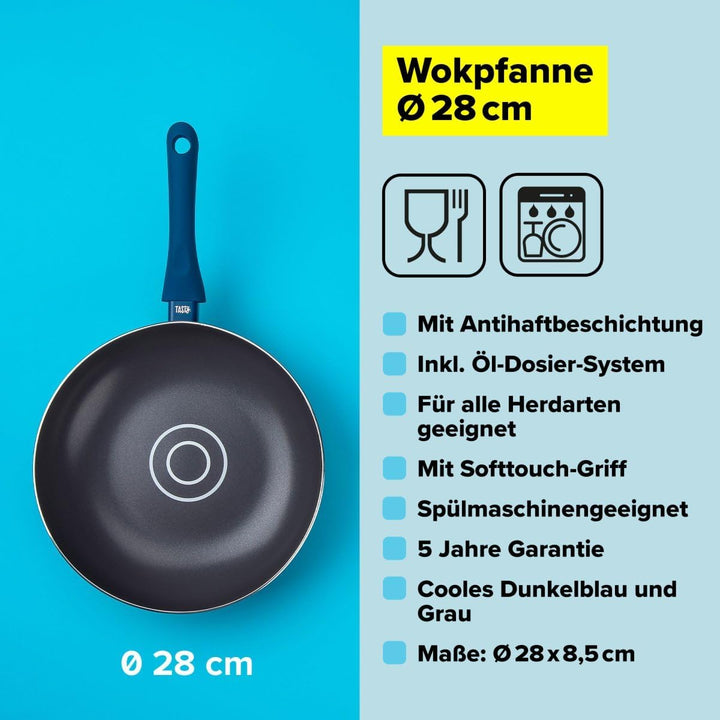 Tasty Antihaft-Wokpfanne mit Öldosiersystem 28x8cm – Gepresstes Aluminium, Soft-Touch-Griff, Indukti