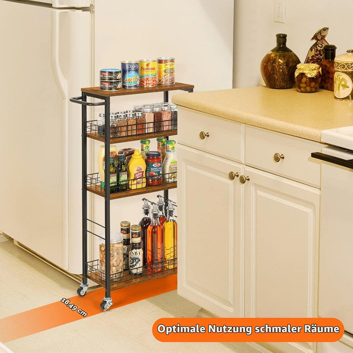 CADUKE 4 Tier schlanker Lagerwagen, schmaler Küchenwagen auf Rädern, Utility Rolling Cart mit Holzti