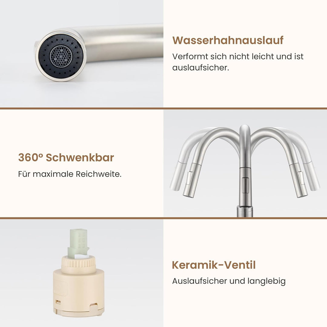 KPW Küchenarmatur Edelstahl Gebürstet Nickel mit Herausziehbarer Brause, Spültischarmatur mit Hohem