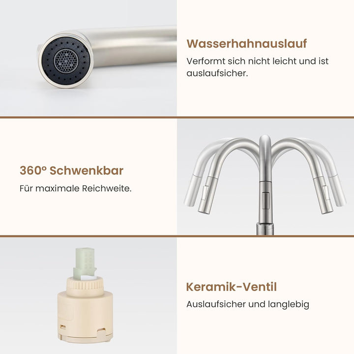 KPW Küchenarmatur Edelstahl Gebürstet Nickel mit Herausziehbarer Brause, Spültischarmatur mit Hohem