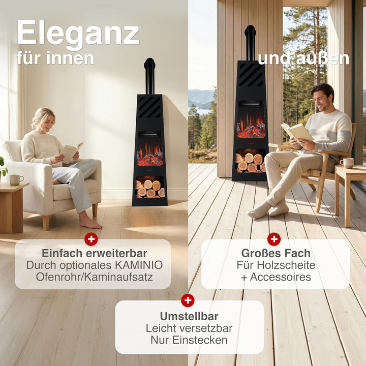 KAMINIO Elektrischer Gartenkamin Kai mit Ofenrohr - Elektro Terrassenofen mit Heizung, 3D-Flammeneff