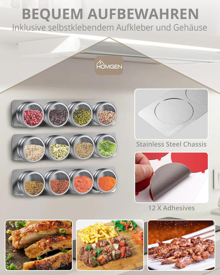 HOMGEN Gewürzdosen Magnetisch 12 Stück Edelstahl Gewürzgläser Set Magnet 100ml Gewürze Spice Jars Ma