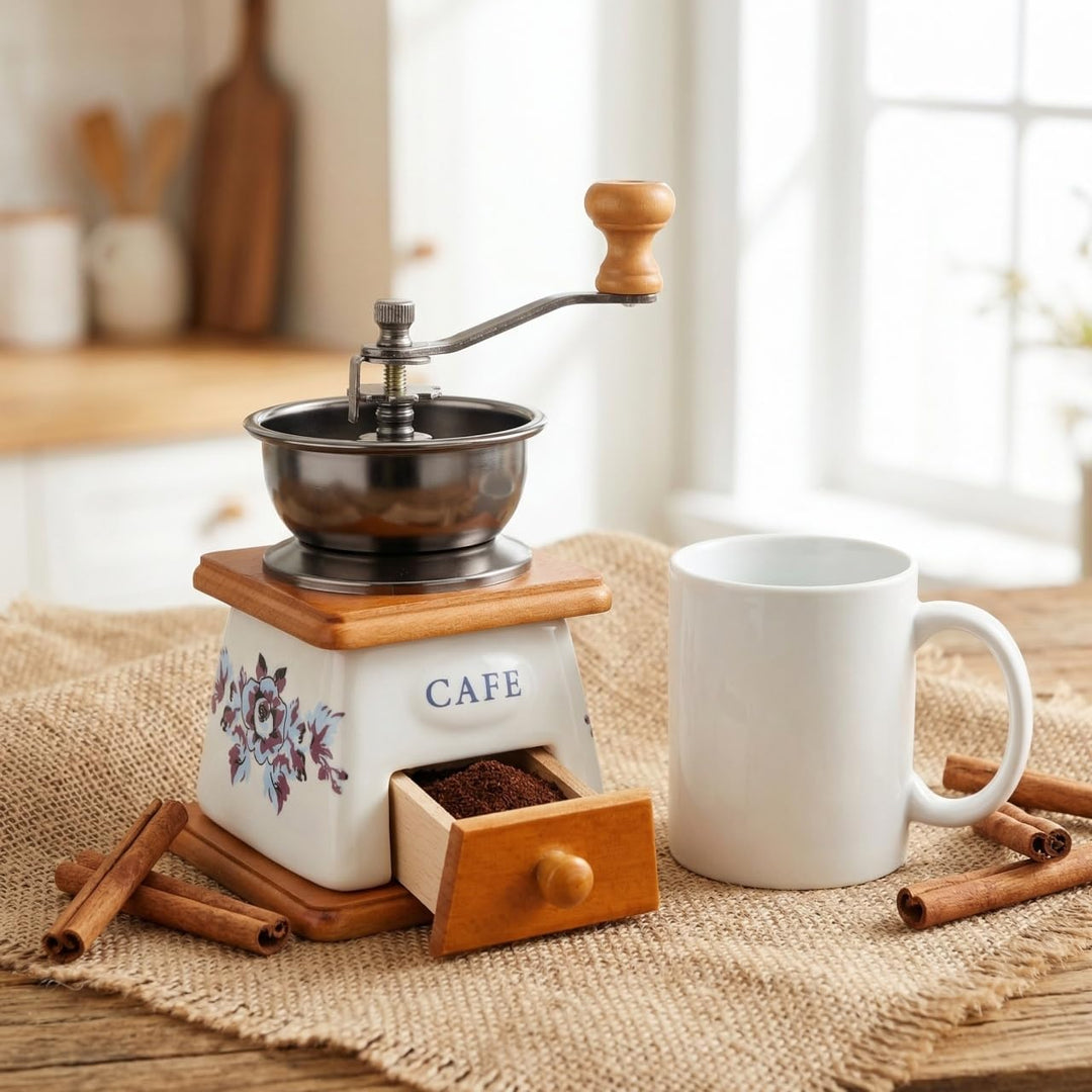 ABOOFAN Retro-Kaffeemühle, Vintage-Handkaffeemühle mit Handkurbel, Holzschublade, Espressomühle für