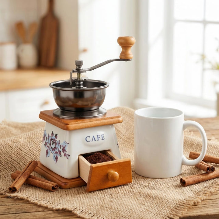 ABOOFAN Retro-Kaffeemühle, Vintage-Handkaffeemühle mit Handkurbel, Holzschublade, Espressomühle für
