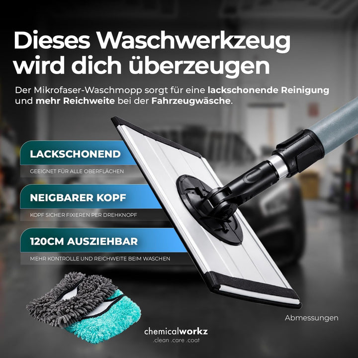 Chemicalworkz Microfiber Extension Mop | Ausziehbare Autowaschbürste mit Teleskopstiel bis 120 cm |