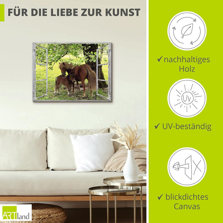 ARTland Leinwandbilder Wandbild Bild auf Leinwand 60x45 cm Wanddeko Fensterblick Fenster Pferd Pony