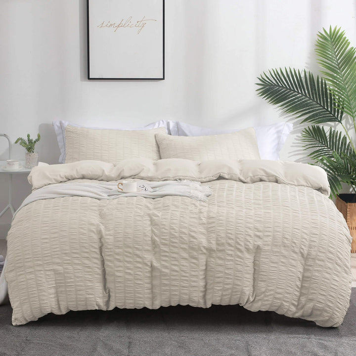 Boqingzhu Seersucker Bettwäsche Beige 200x200cm Sommer Atmungsaktiv Kühlende Wende Bettwäsche Set Be