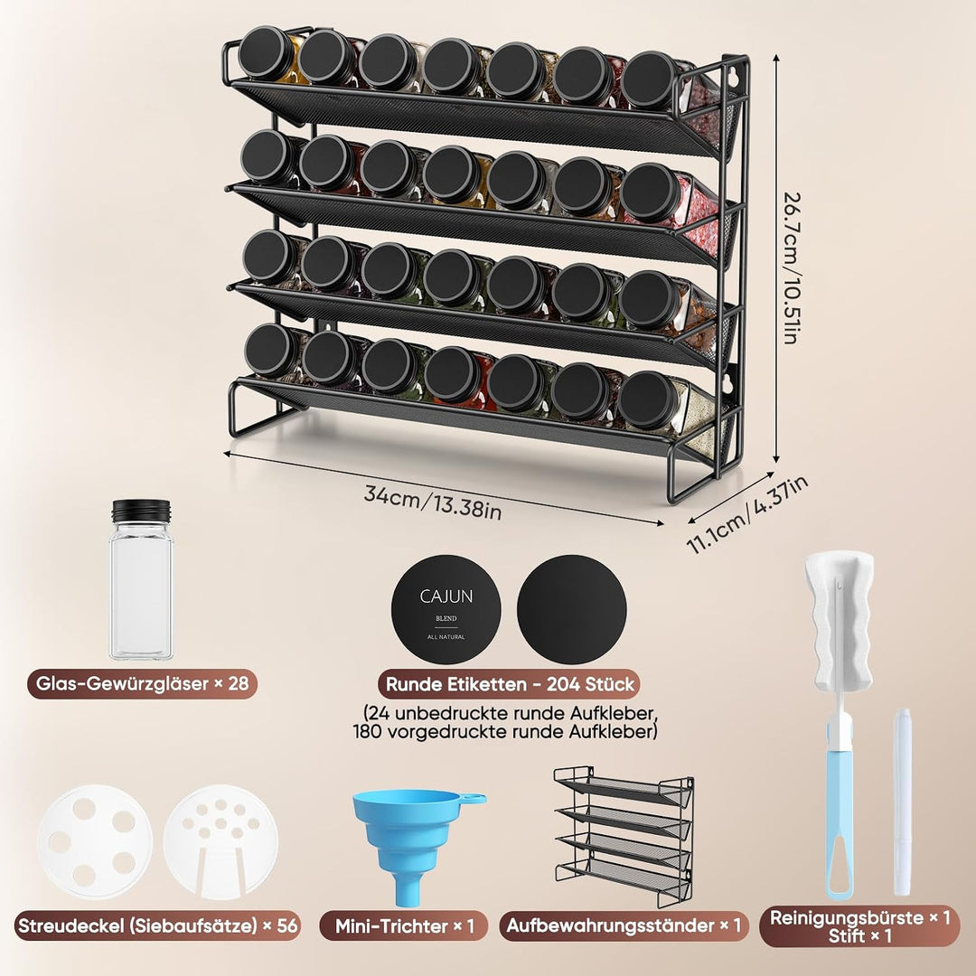 Gewürzregal Set mit Gläsern - 4 Ebenen Gewürzständer 28-tlg. Metall Schwarz - Küchen-Organizer inkl.