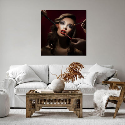 Bilder auf Leinwand 70x70cm Leinwandbild mit Rahmen Frau Make-up schön Gross Wanddeko Bild Schlafzim