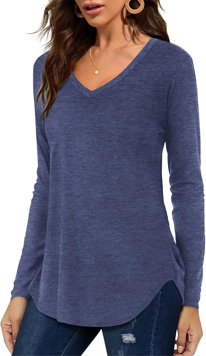 Florboom Tunika Damen Langarm/Kurzarm V Ausschnitt Oberteil Shirts Basic Casual Longshirt S A-blau,