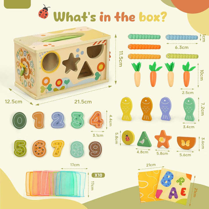 Montessori Spielzeug Baby ab 1 Jahr, 6 in 1 Tücherbox Montessori-Holzspielzeug mit Zahnrädern, Angel