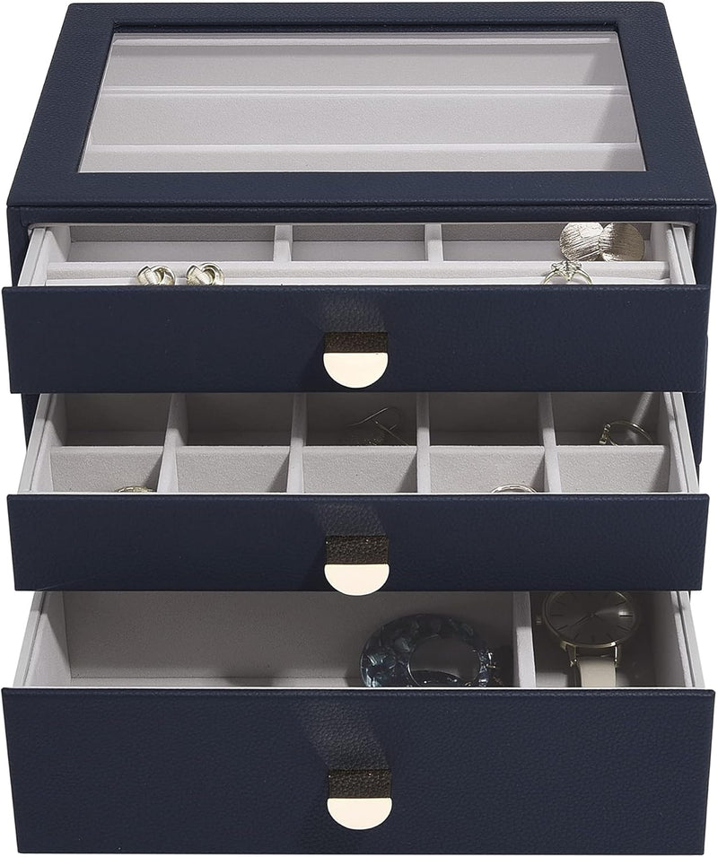 Stackers Navy Pebble Classic Jewellery Box - Set of 3 (with drawers), Navy