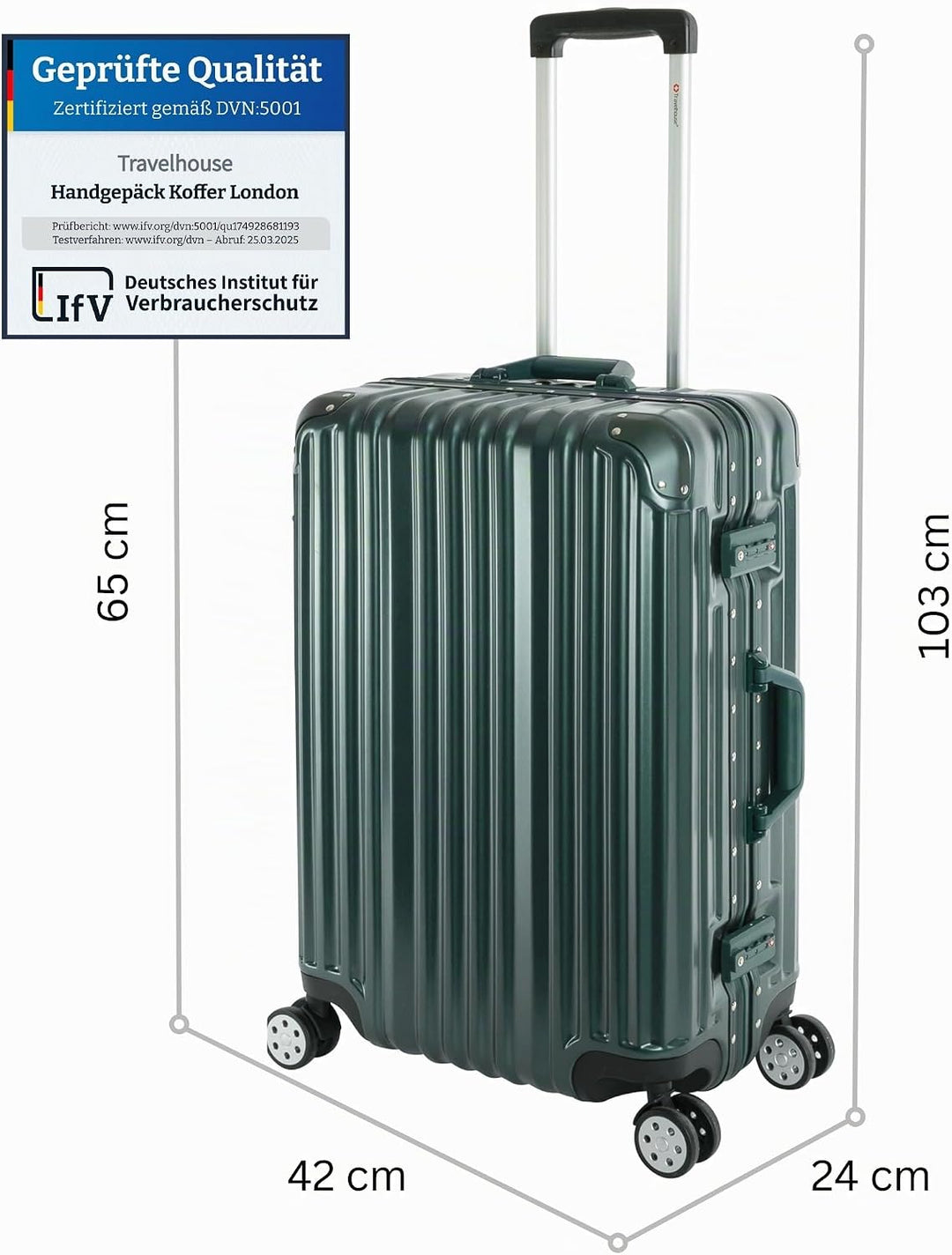 Travelhouse London Koffer Grün M-65cm · Alu-Rahmen · Polykarbonat Hartschale · Trolley Reisekoffer R