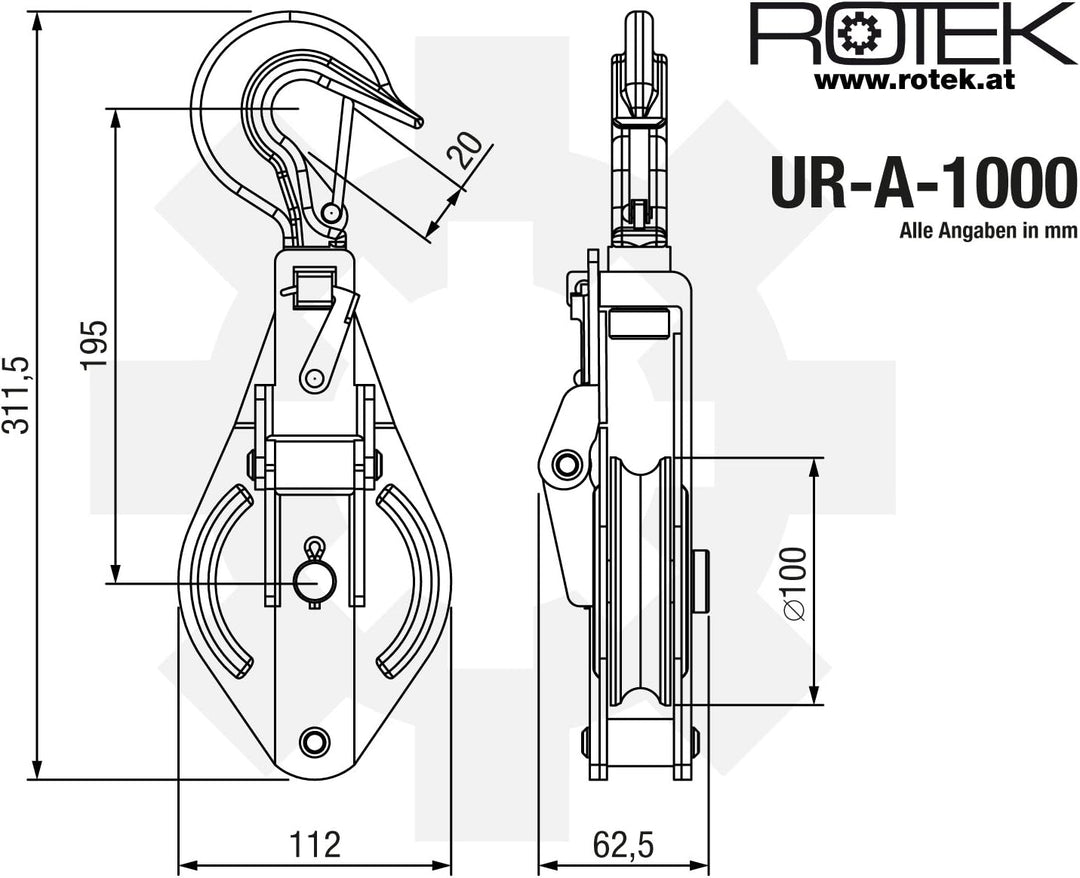 Rotek Umlenkrolle für Seilzüge und Seilwinden, UR-A-Serie mit drehbarem Haken und Sicherheitsfalle m