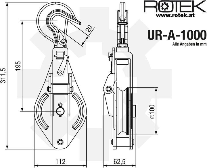 Rotek Umlenkrolle für Seilzüge und Seilwinden, UR-A-Serie mit drehbarem Haken und Sicherheitsfalle m