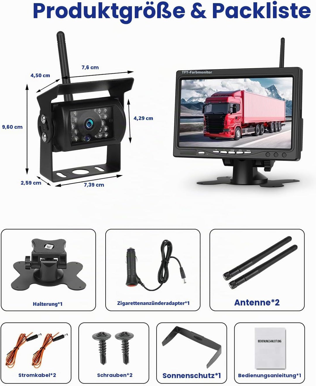 Rückfahrkamera Kabellos Set mit 7" HD Rear View Monitor, IP68 wasserdichte Auto Rückfahrkamera Funk,