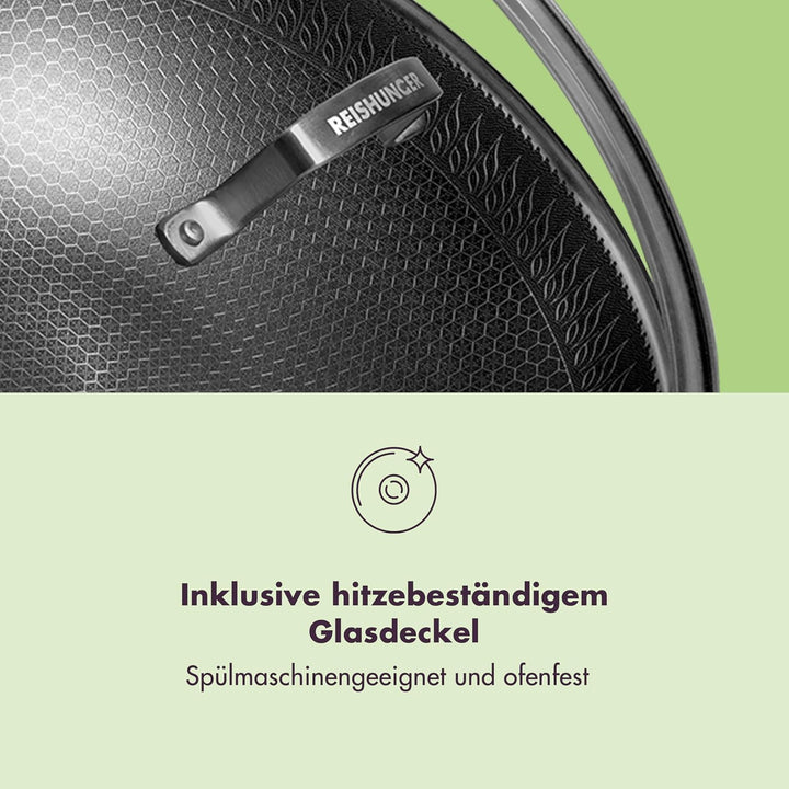 Reishunger Premium Wok aus Edelstahl | 32 cm Durchmesser | Mit Glasdeckel | Für alle Herdarten, Indu