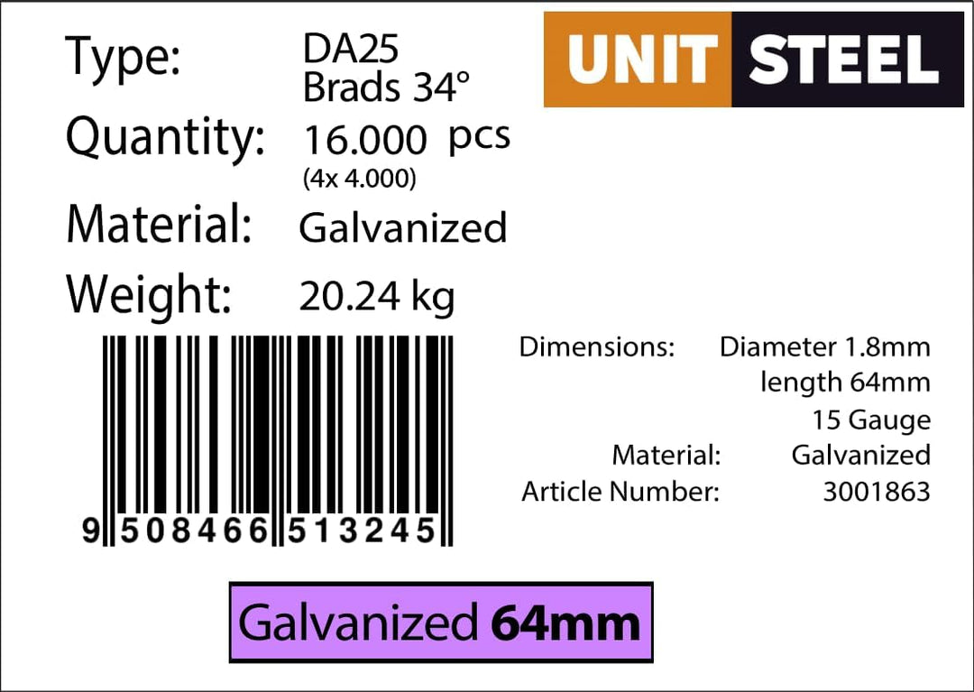 34° Stauchkopfnägel - 1,8x64mm, 4.000 stück, Nägel für Druckluft-Nagler, DA25EAB, Verzinkt, für fast
