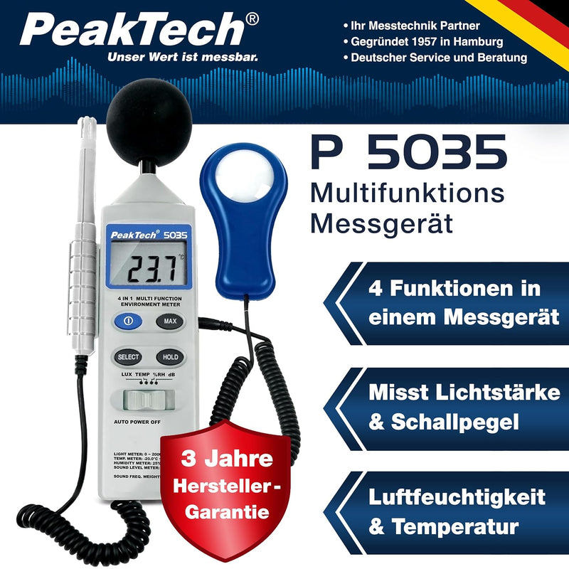 Peak Tech P 5035 – 4 in 1 Multifunktions Umweltmessgerät zur Messung von Schall, Temperatur, Luftfeu