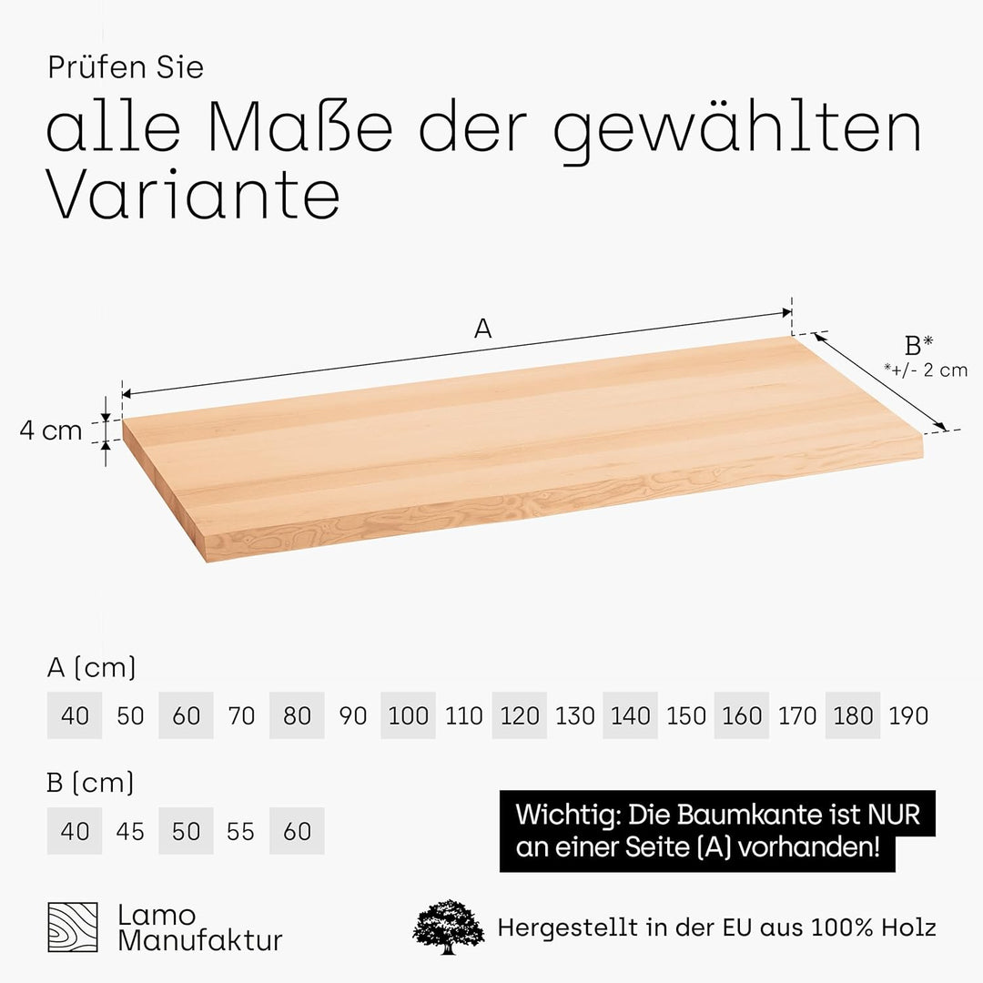 LAMO Manufaktur Waschtischplatte, Holzplatte Waschtisch Baumkante, 90x40 cm (AxB), Natur, ohne Monta