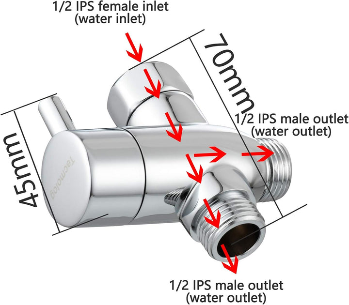 Tecmolog Umstellventil Dusche 3 Wege 1/2" Messing Absperrventil Dusche T Adapter für Handbrause Chro