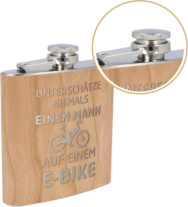Spruchreif | Gravierter Edelstahl Flachmann | Holz Flachmann mit Gravur E-Bike | Outdoor Geschenk |