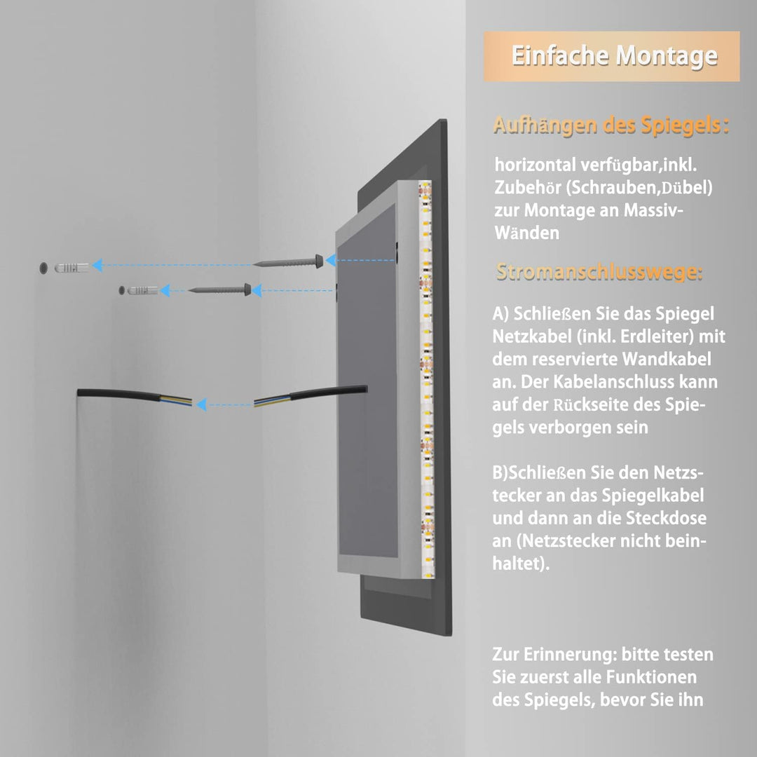 Aica Sanitär LED Badspiegel 80×60cm mit Uhr 3 Lichfarbe dimmbar Memory Wand/Touchschalter Anti-Besch