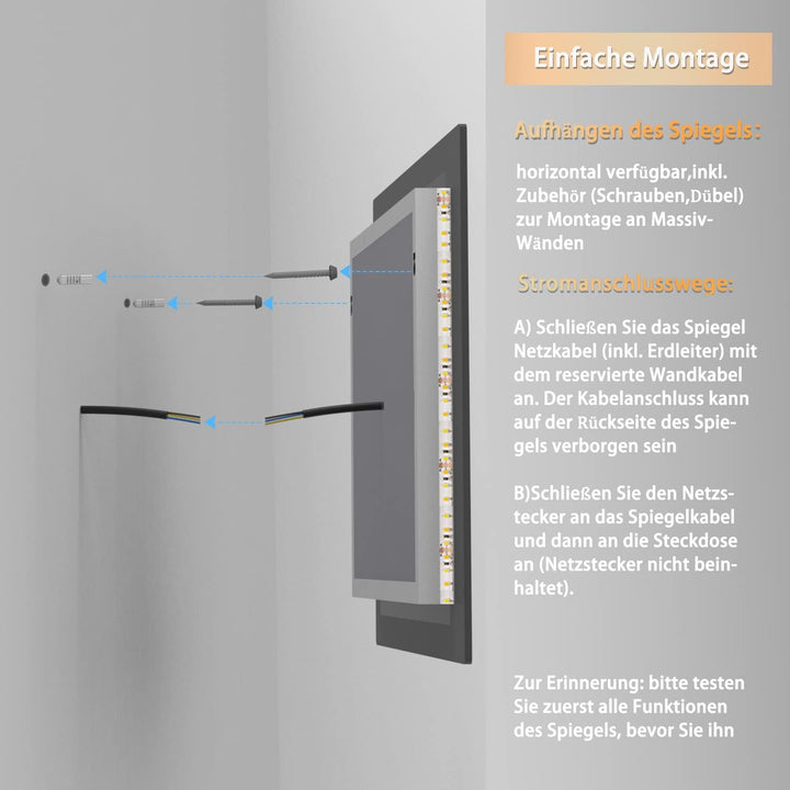 Aica Sanitär LED Badspiegel 80×60cm 2 Lichtfarbe 2700/6000K Wandspiegel mit Bluetooth, Uhr, Touch, B