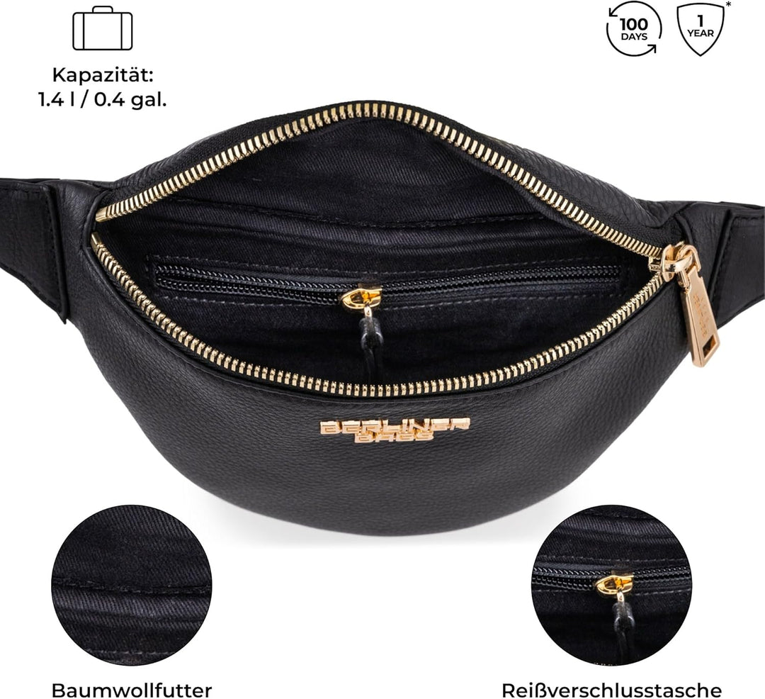 Berliner Bags Premium Bauchtasche Mona Fanny Pack aus Leder Umhängetasche Damen Herren (Schwarz/Gold