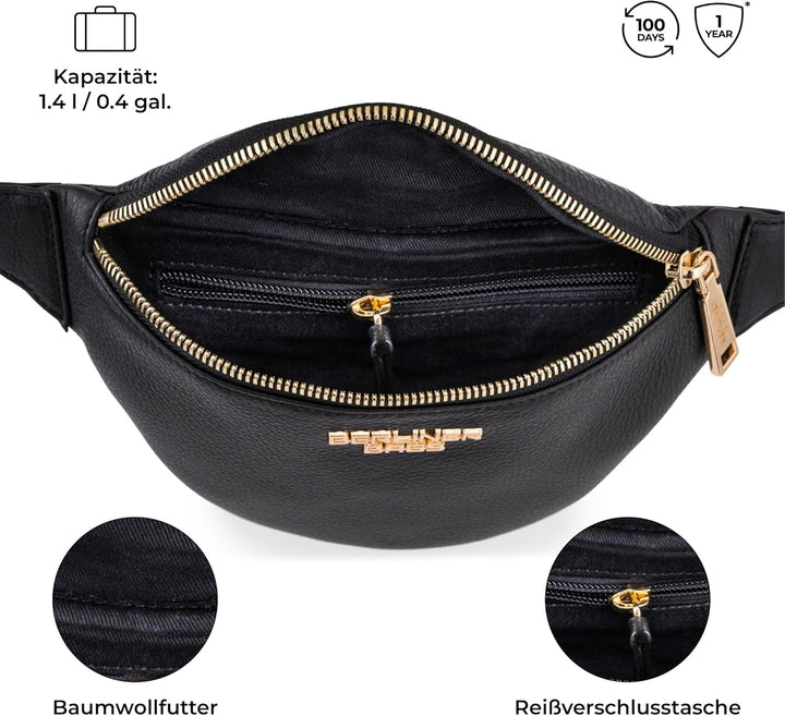 Berliner Bags Premium Bauchtasche Mona Fanny Pack aus Leder Umhängetasche Damen Herren (Schwarz/Gold