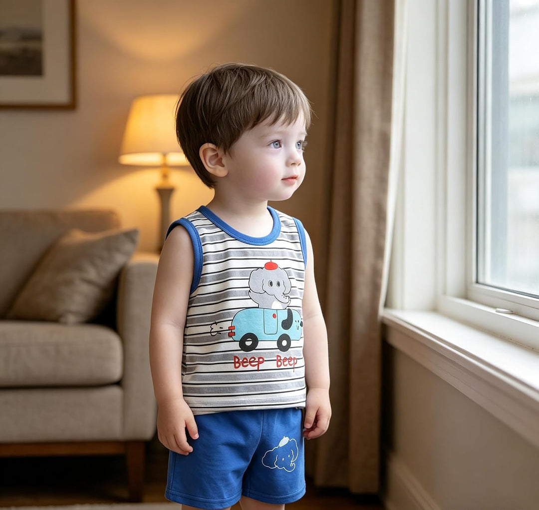 8er Pack Baby Kinder Outfit Set, Ärmelloses Baumwoll Weste + Shorts, Cartoon Print Jungen Mädchen 3
