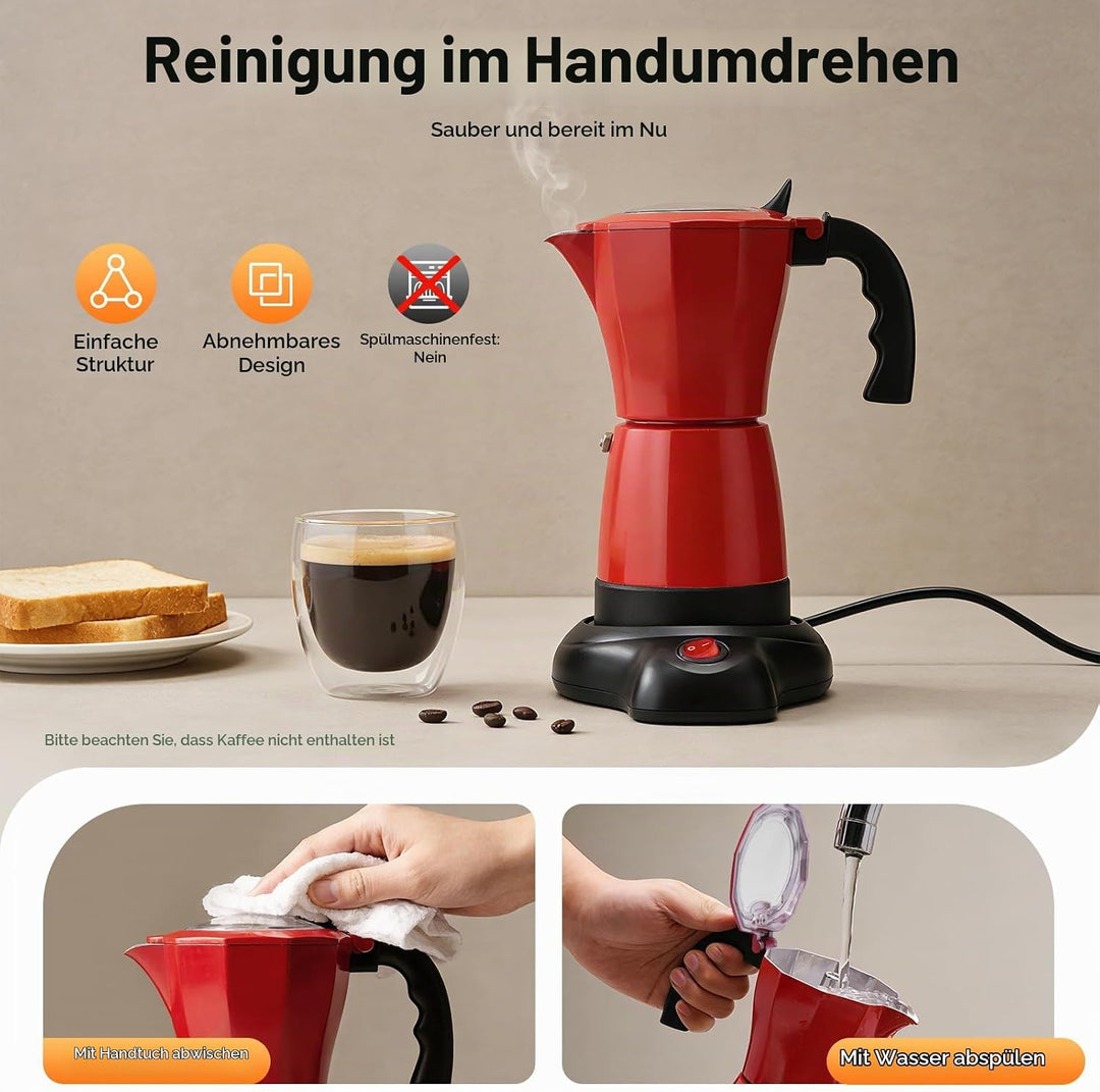 Elektrische Espressokocher 480W 300ml Kaffeekanne Espressokanne 6 Tassen Italienische Mokkakanne mit
