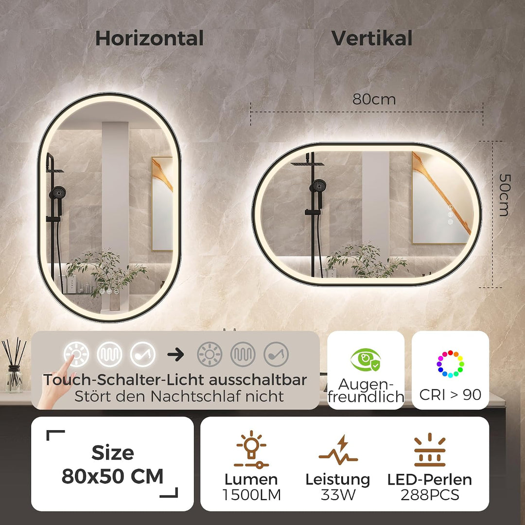 STARLEAD Schwarz Oval-LED-Badspiegel-mit-Beleuchtung 80x50cm, Bluetooth, Dimmbar, 3 Lichtfarben, Ent