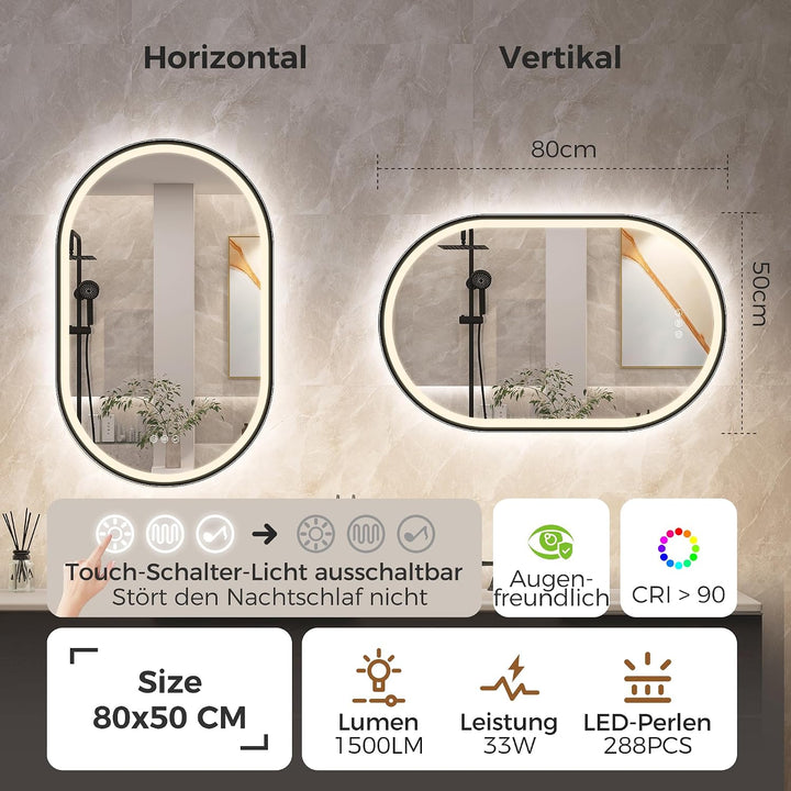 STARLEAD Schwarz Oval-LED-Badspiegel-mit-Beleuchtung 80x50cm, Bluetooth, Dimmbar, 3 Lichtfarben, Ent