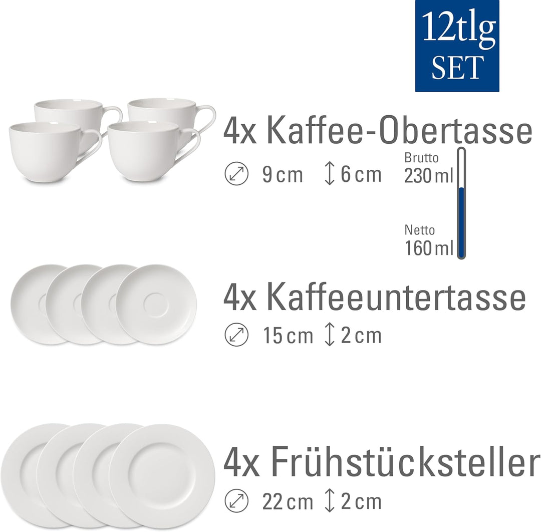 Villeroy und Boch For Me Kaffeeservice für 4 Personen, Premium Porzellan, Weiss, 12-tlg. Kaffee-Set