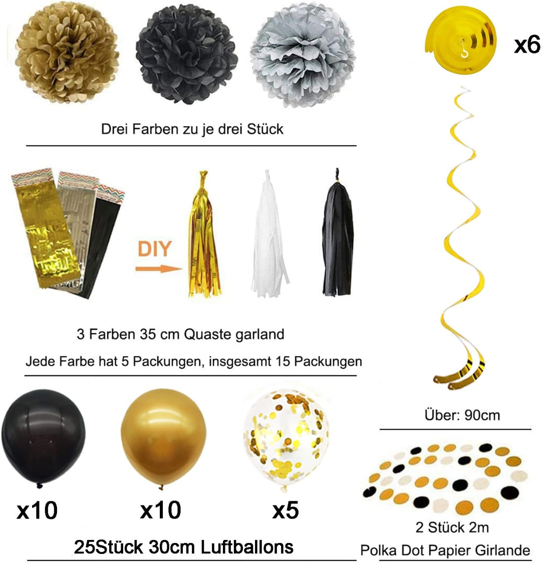 Party Dekoration Set, 57 Stück Schwarz Gold Party Deko, Luftballons, DIY Party Papier Pompoms Blumen