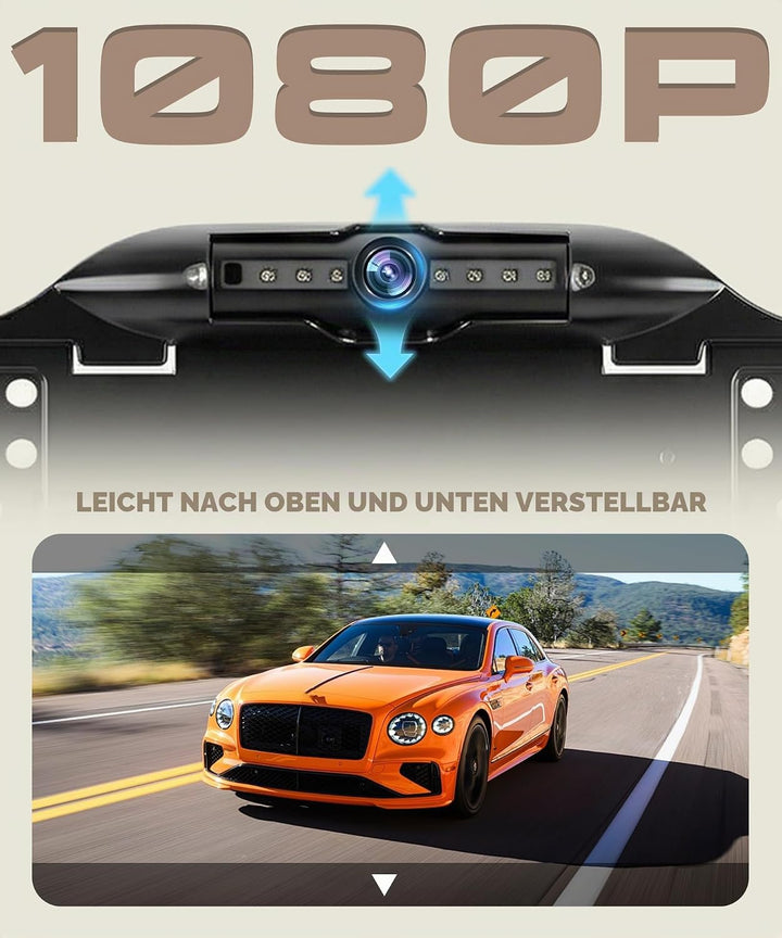 Rimoody Rückfahrkamera 1080P AHD für EU-Kennzeichen - Kabellose Einparkhilfe mit 7X LEDs, IP67 Wasse