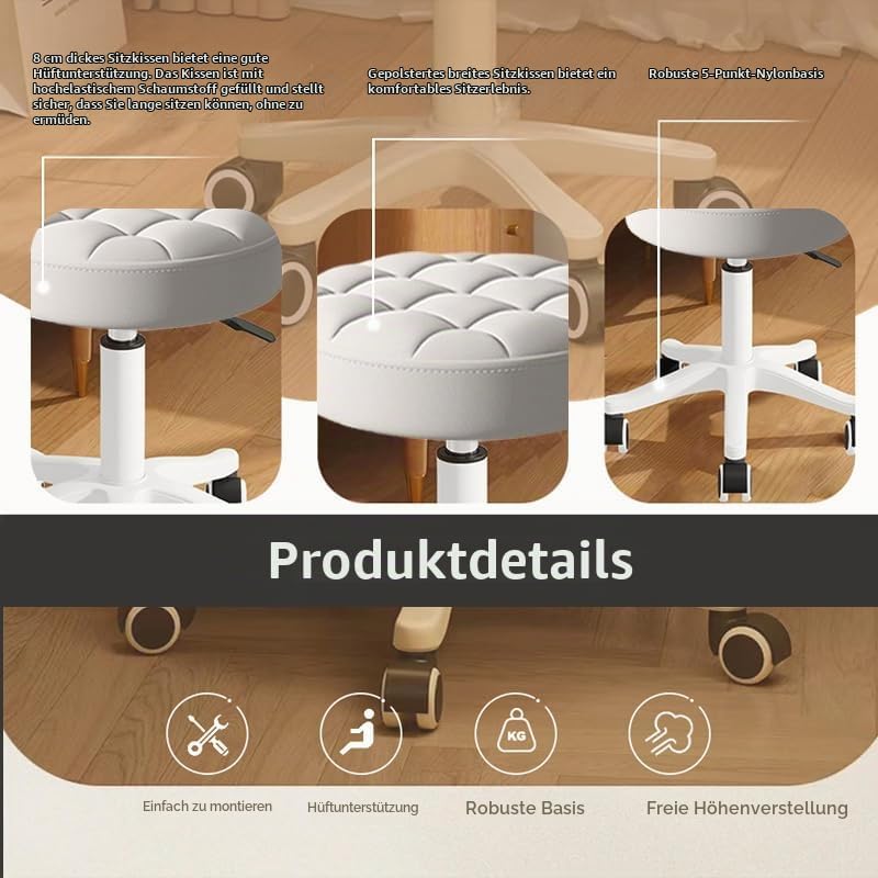 Kleiner Hocker – Runder Rollhocker mit Rädern – Höhenverstellbarer Drehschemel aus PU-Leder – Arbeit