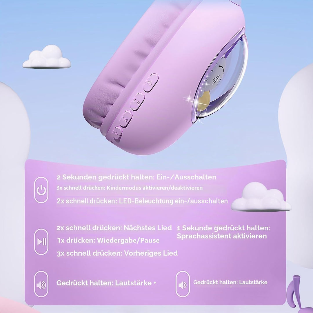 Kinder Kopfhörer mit Katzenohren, Bluetooth 5.4 Over-Ear Noise Cancelling Kopfhörer mit Mikrofon, LE