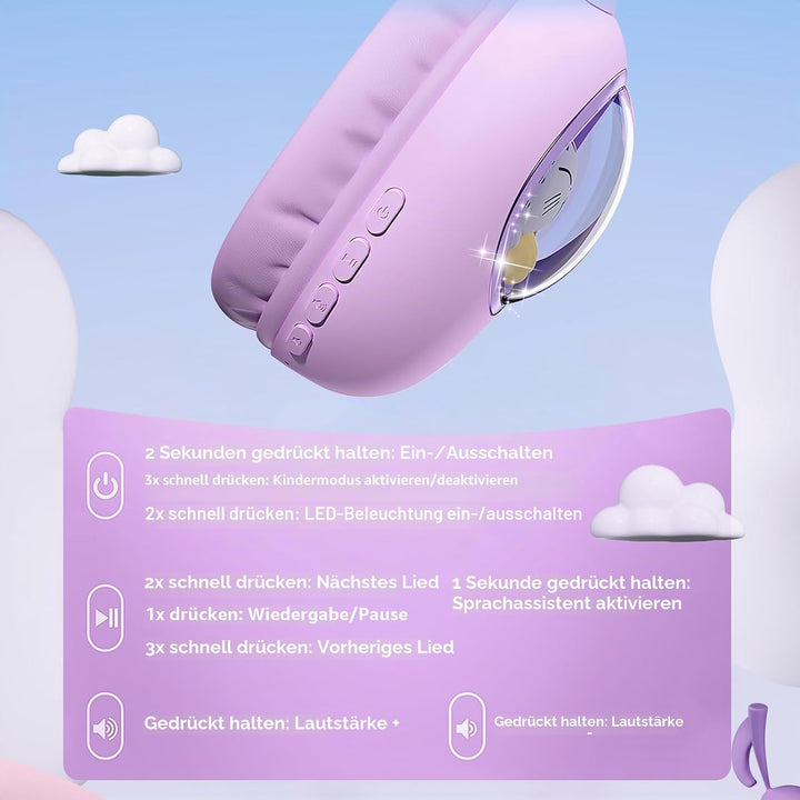 Kinder Kopfhörer mit Katzenohren, Bluetooth 5.4 Over-Ear Noise Cancelling Kopfhörer mit Mikrofon, LE