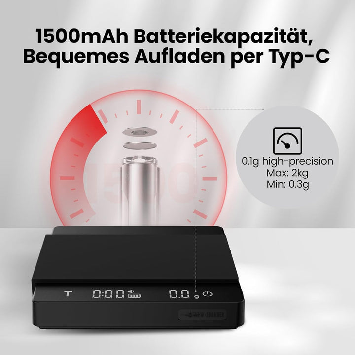 MHW-3BOMBER Kaffewaage mit Timer, Wiederaufladbare Espresso Waage mit Schwerkraftsensor, 2kg/0,1g Pr