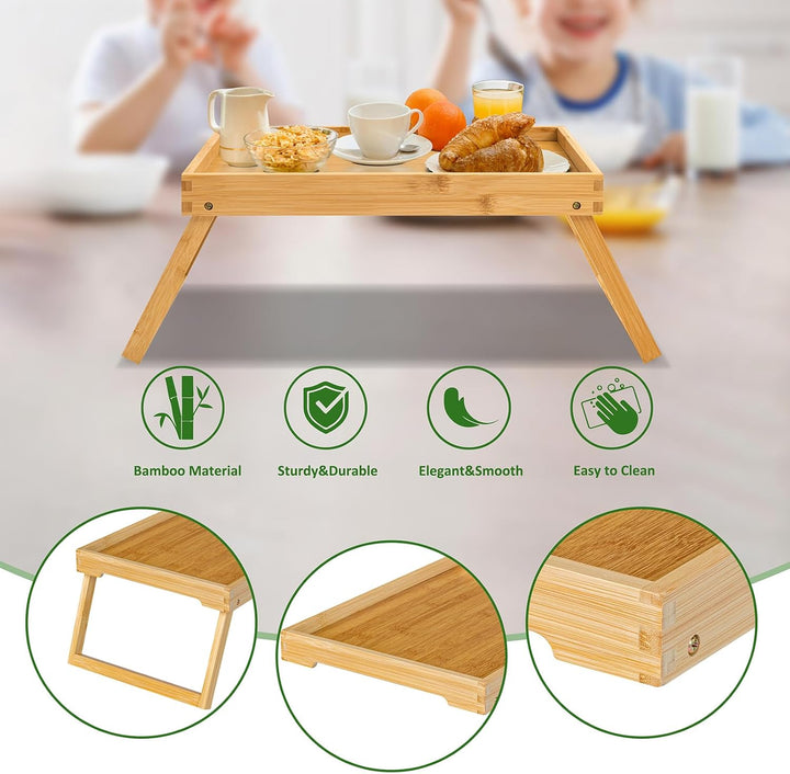 Bambus-Bettlade mit klappbaren Beinen, Frühstückslade (Beige) | Laptop-Schreibtisch mit Klappbeinen