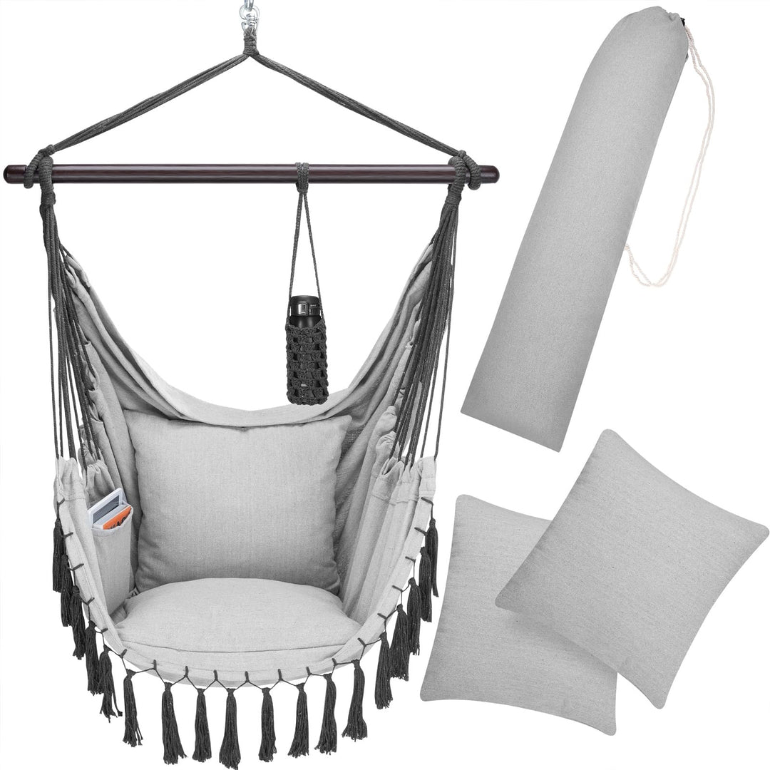 DETEX® Hängesessel bis 150kg Belastbar mit Flaschenhalter Boho Stil Wetterfest Garten 360° Drehbar G