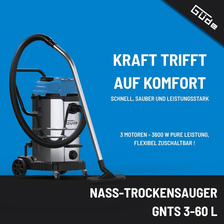 Güde GNTS 3-60L Nass-Trockensauger - 230 Volt, 3600 Watt aus 3 Elektromotoren, 190 Millibar Unterdru
