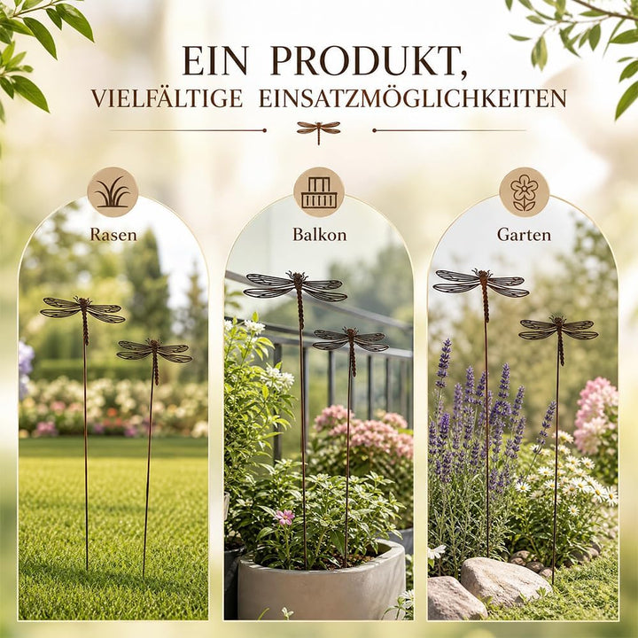 2er Set Gartenstecker Rost Libellen, Gartenstecker Metall, Gartendeko Rost für Draussen, Edelrost Ga